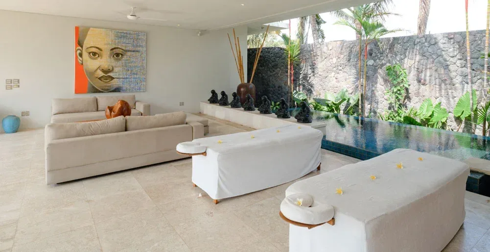 White luxury villa lounge with garden view