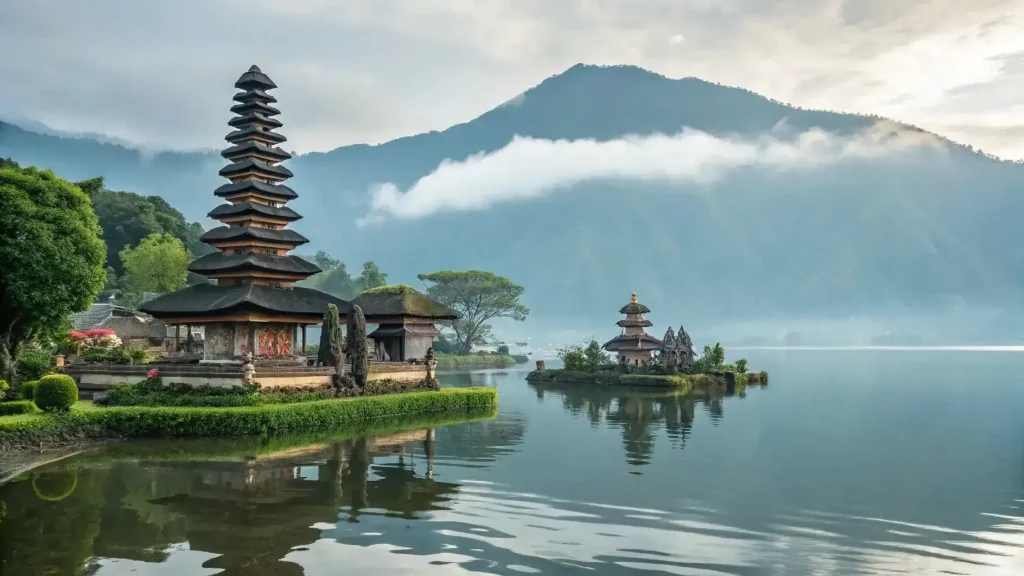 Ulun Danu Beratan temple beside a misty lake in Bali