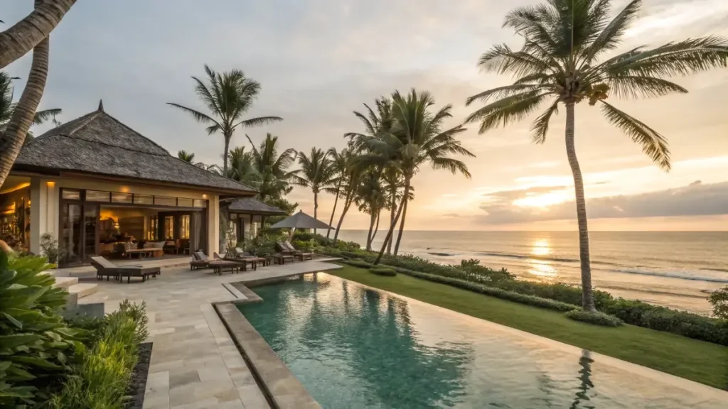 Beachfront villa in Bali with infinity pool and sunset over the sea